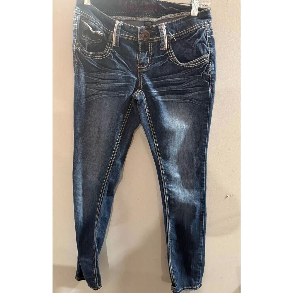 Ariya Jeans Womens 3/4 Blue Denim Cotton Faded Double Stitch Skinny Leg Preppy